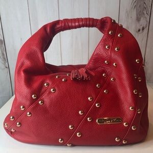La Giodi de Toscana Red Studded Soft Leather Hobo Handbag  Zip top Roomy NWOT